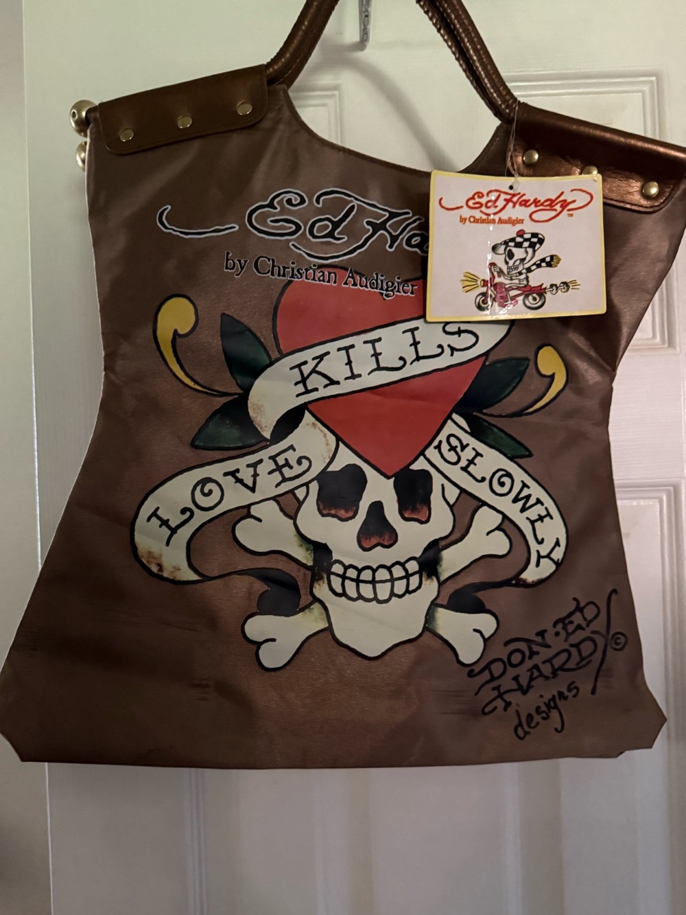Ed Hardy Brown Skull & Heart Graphic Tote